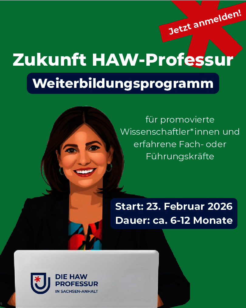 Grafik einer Frau vor einem Laptop sowie Informationen zum Weiterbildungsprogramm. Start: 23. Februar 2026, Dauer: 12 Monate